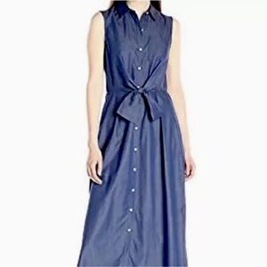 Sharagano Sleeveless Navy Button-Front Maxi Dress with Waist Tie